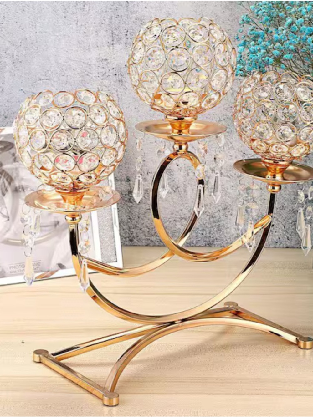 Crystal Globe Gold Candle Holder Trio - Elegant Home Accent